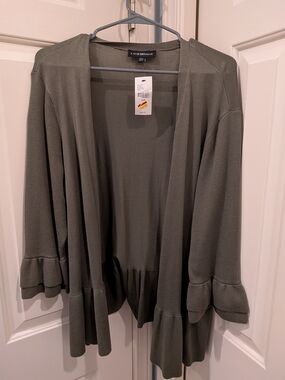 Lane Bryant Olive Ruffle-Hem Open Cardigan